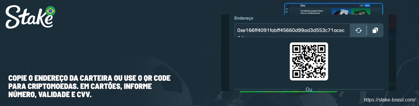 Copie o endereço da carteira ou use o QR code para criptomoedas. Em cartões, informe número, validade e CVV