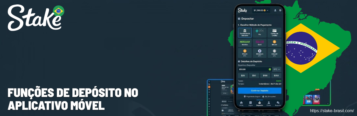 Funções de depósito no aplicativo móvel Stake