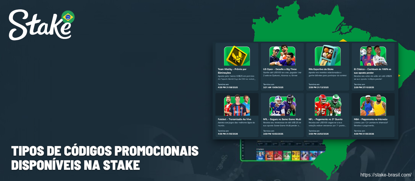 Tipos de códigos promocionais disponíveis na Stake Cassino